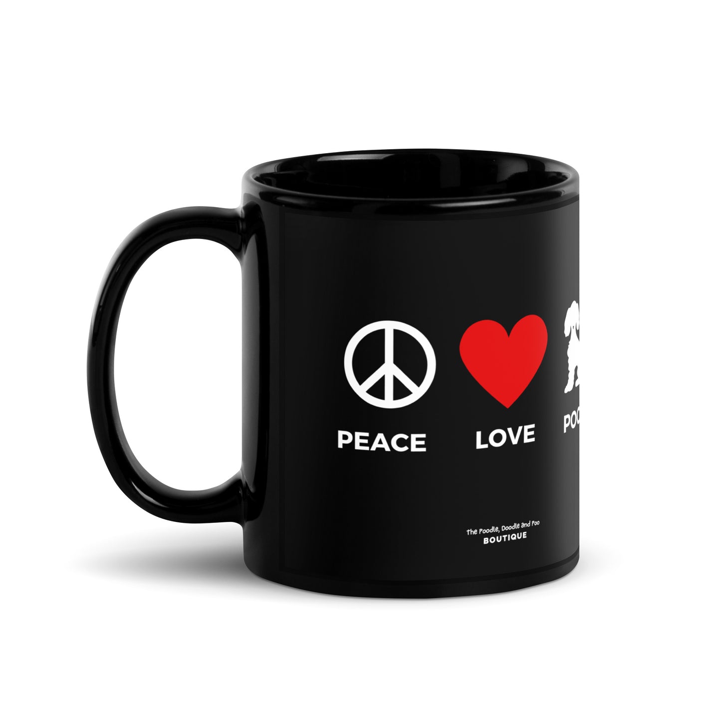 "Peace, Love, Poos" Black Glossy Mug