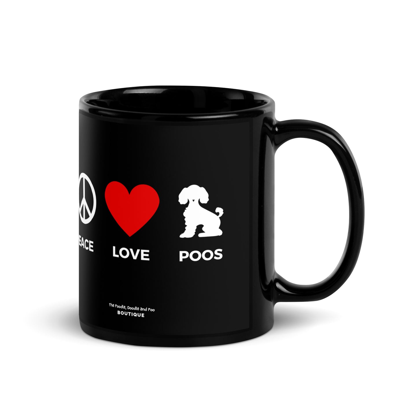 "Peace, Love, Poos" Black Glossy Mug