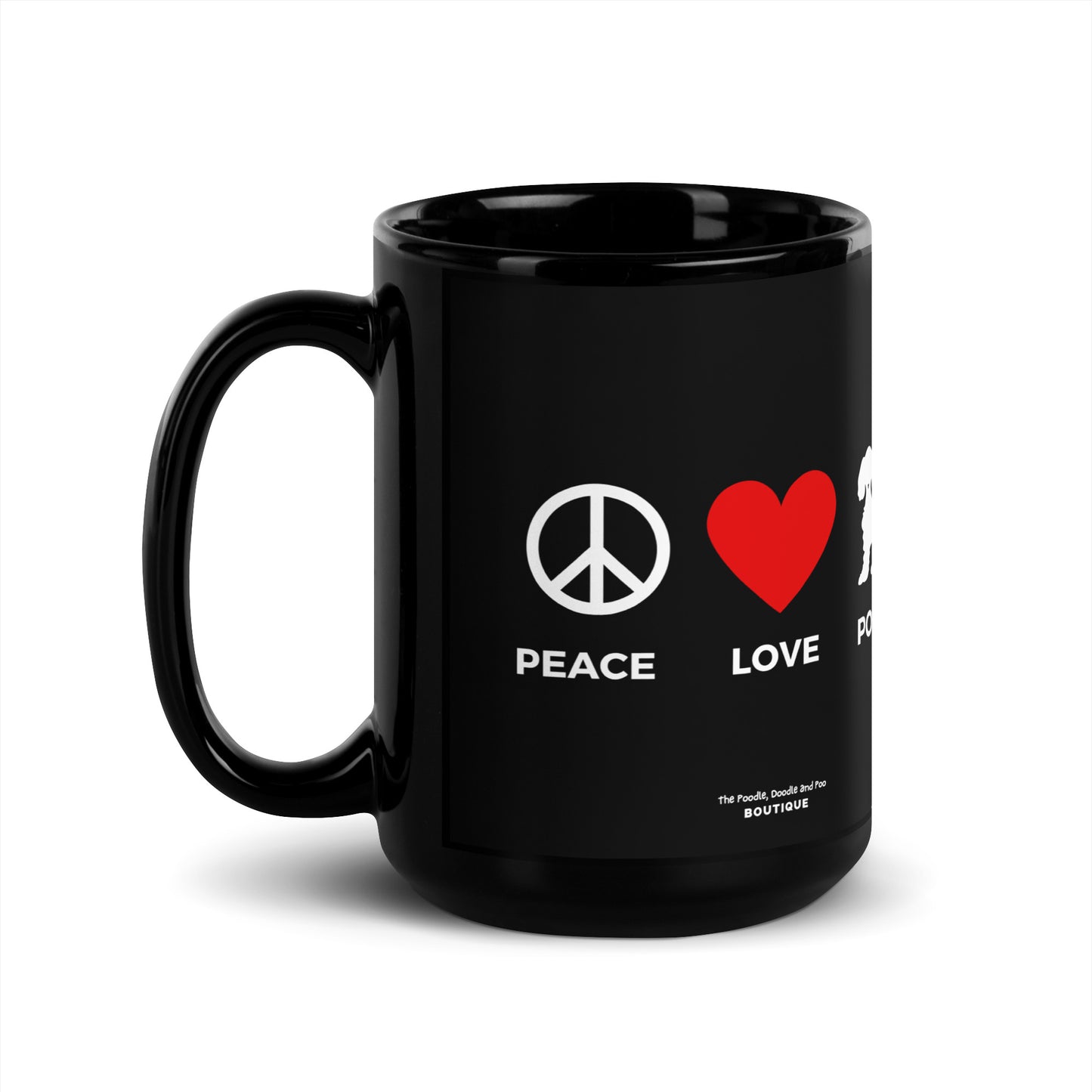 "Peace, Love, Poos" Black Glossy Mug