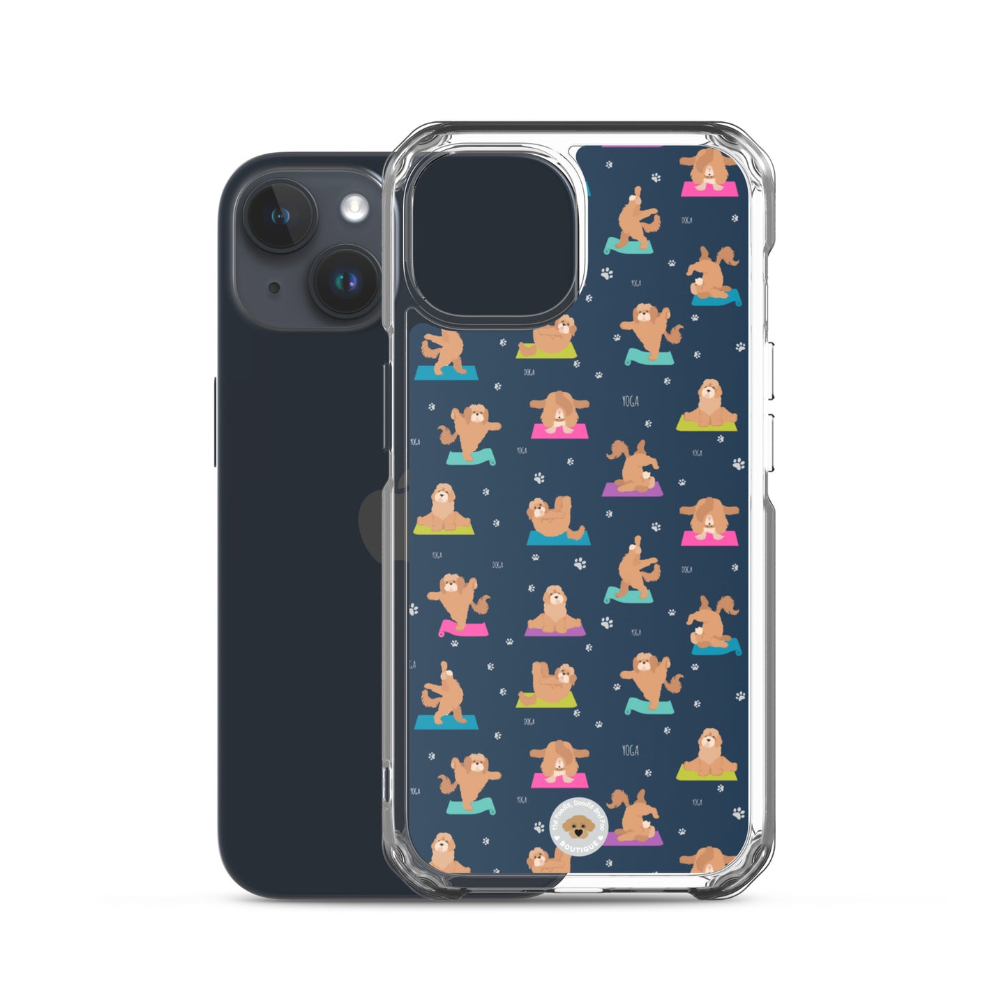 "Yoga Poos" Clear Case for iPhone® - multi-coloured on navy