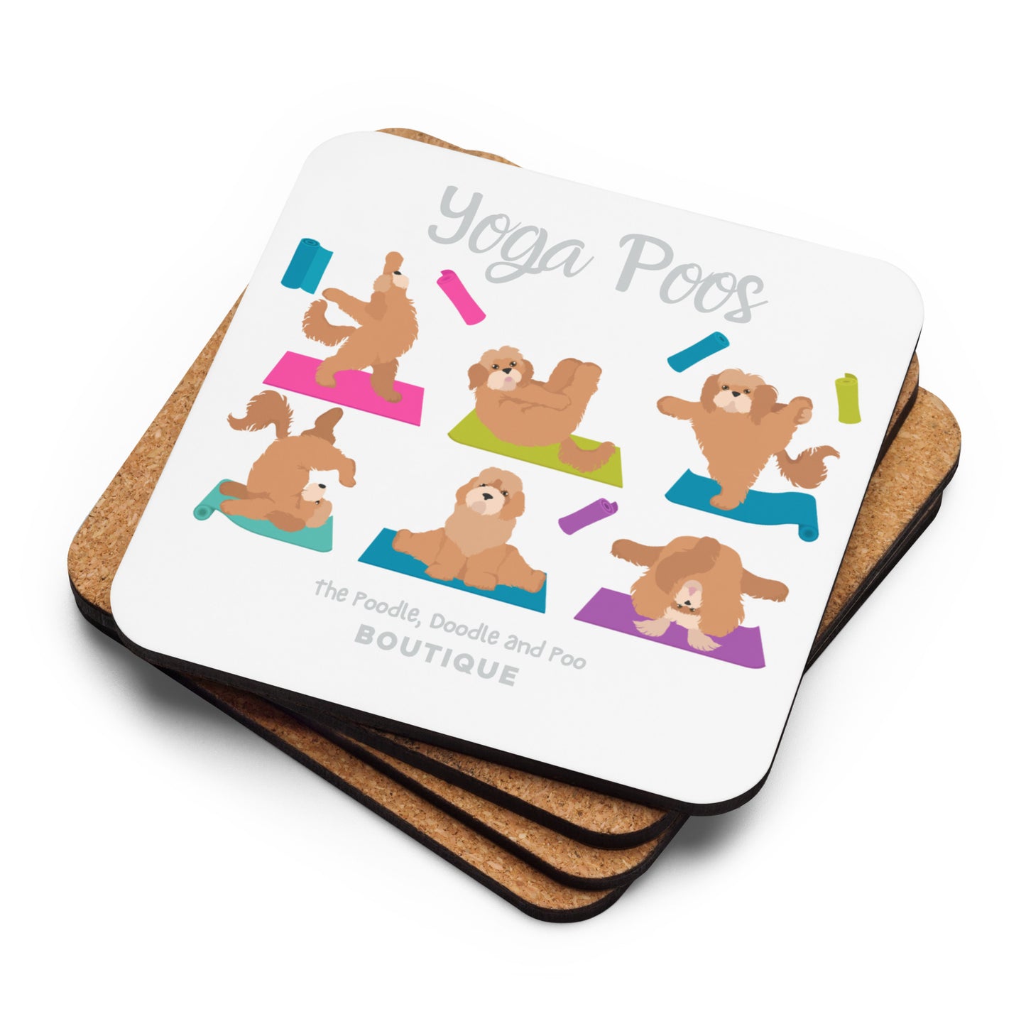 "Yoga Poos" cork-back coaster in white