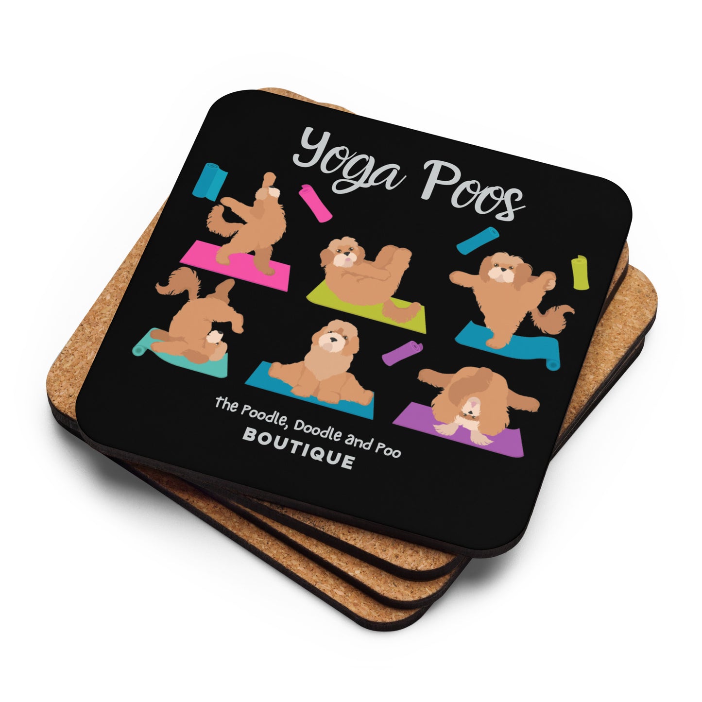 "Yoga Poos" cork backed coaster in black