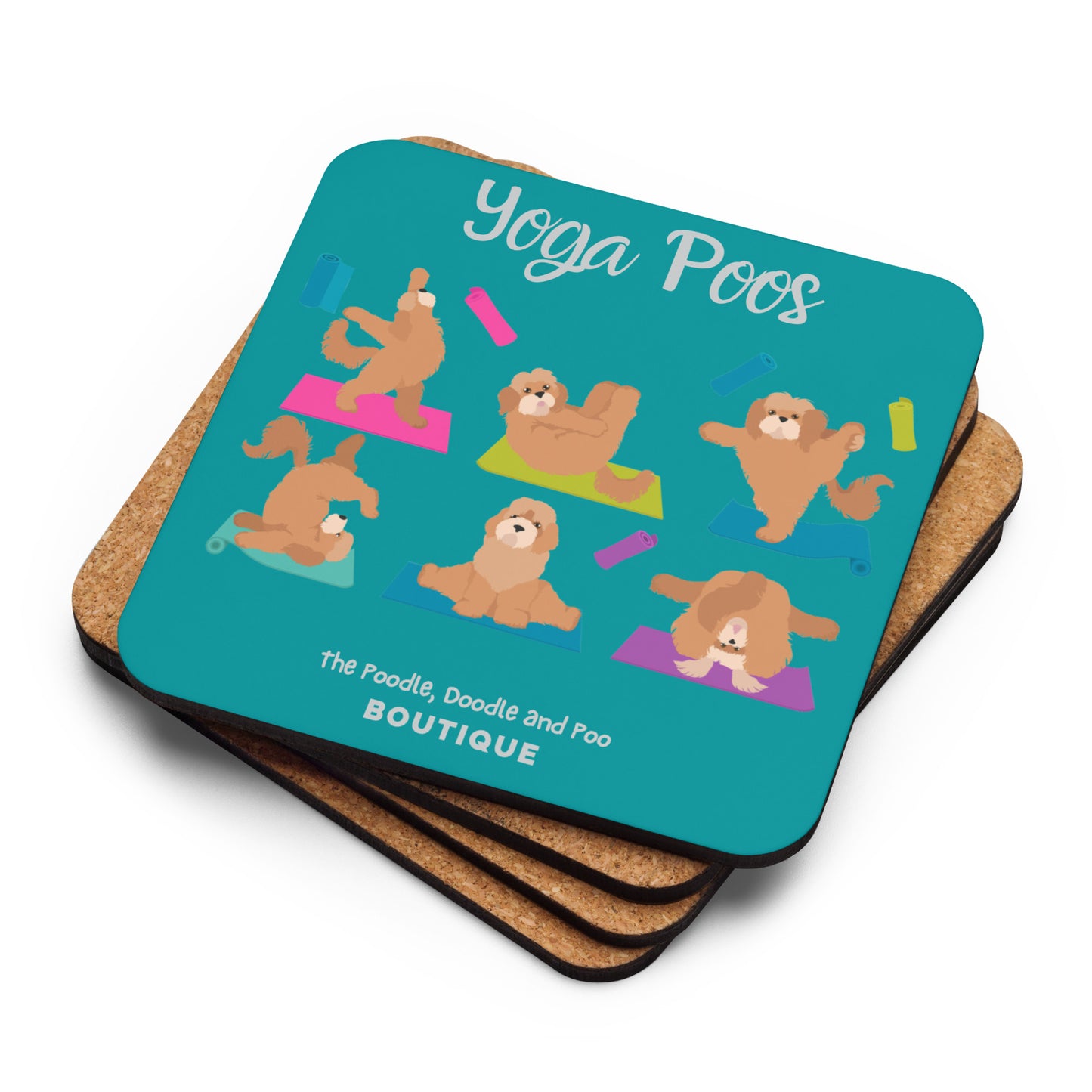 "Yoga Poos" Cork-back coaster - teal