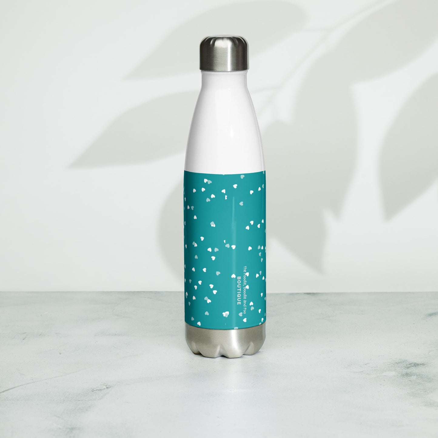 "Love" Stainless steel water bottle in teal - light / white Poochon