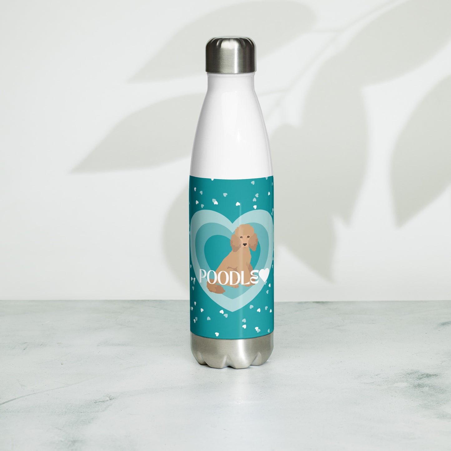 "Love" Stainless steel water bottle in teal - Poodle