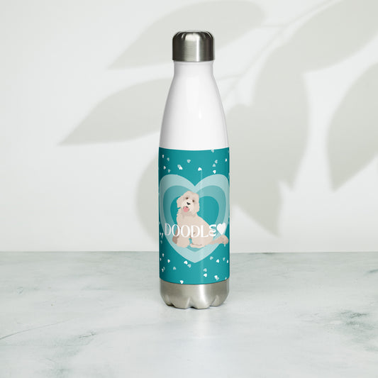 "Love" Stainless steel water bottle in teal - light golden Doodle