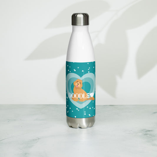 "Love" Stainless steel water bottle in teal - red golden Doodle