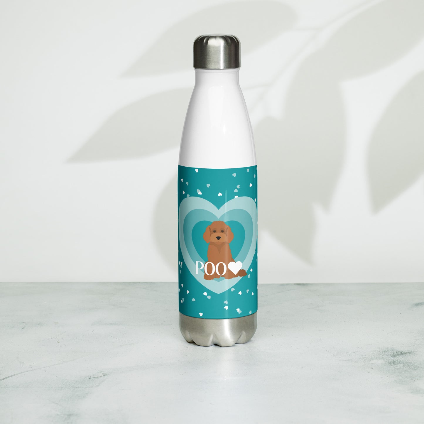 "Love" Stainless steel water bottle in teal - red Cockapoo