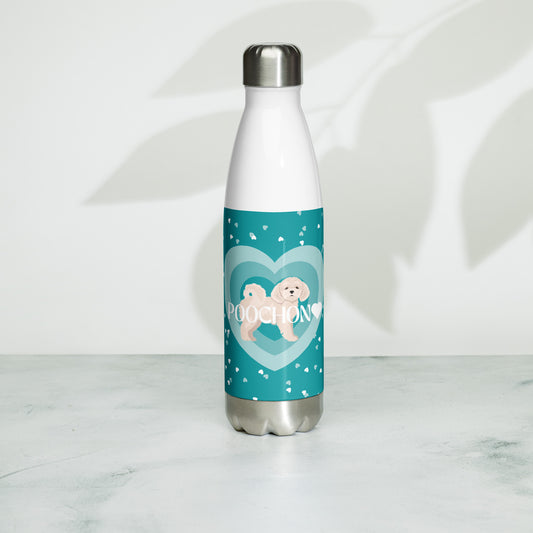 "Love" Stainless steel water bottle in teal - light / white Poochon