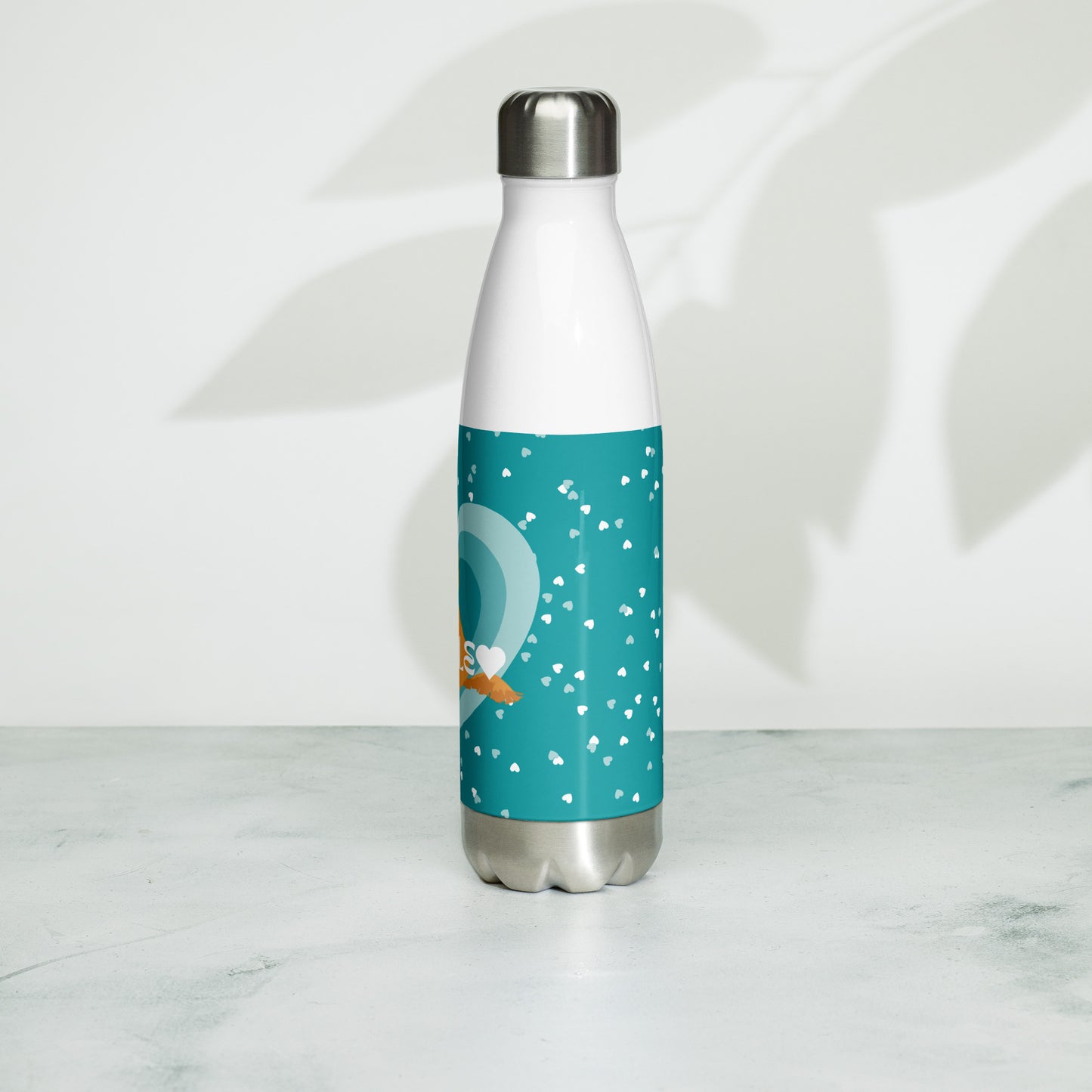 "Love" Stainless steel water bottle in teal - red golden Doodle