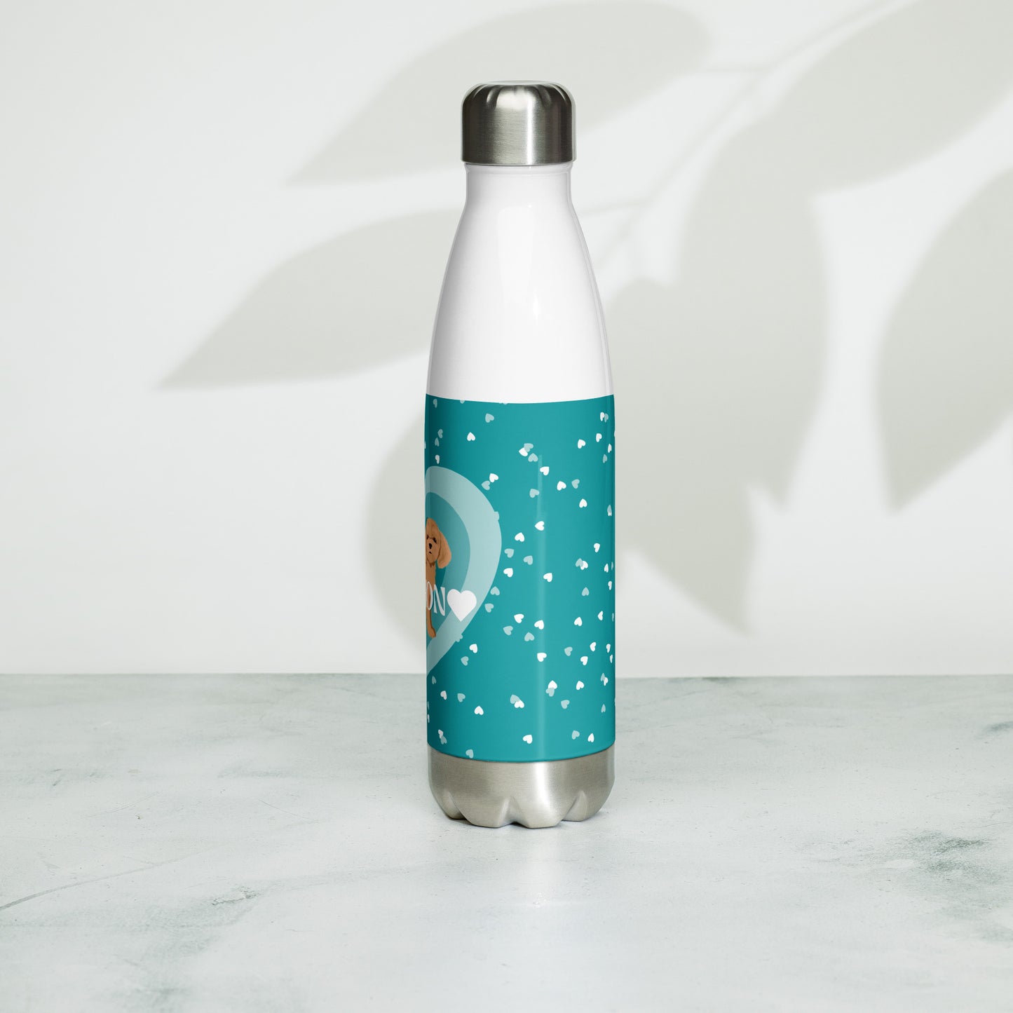 "Love" Stainless steel water bottle in teal - apricot Poochon