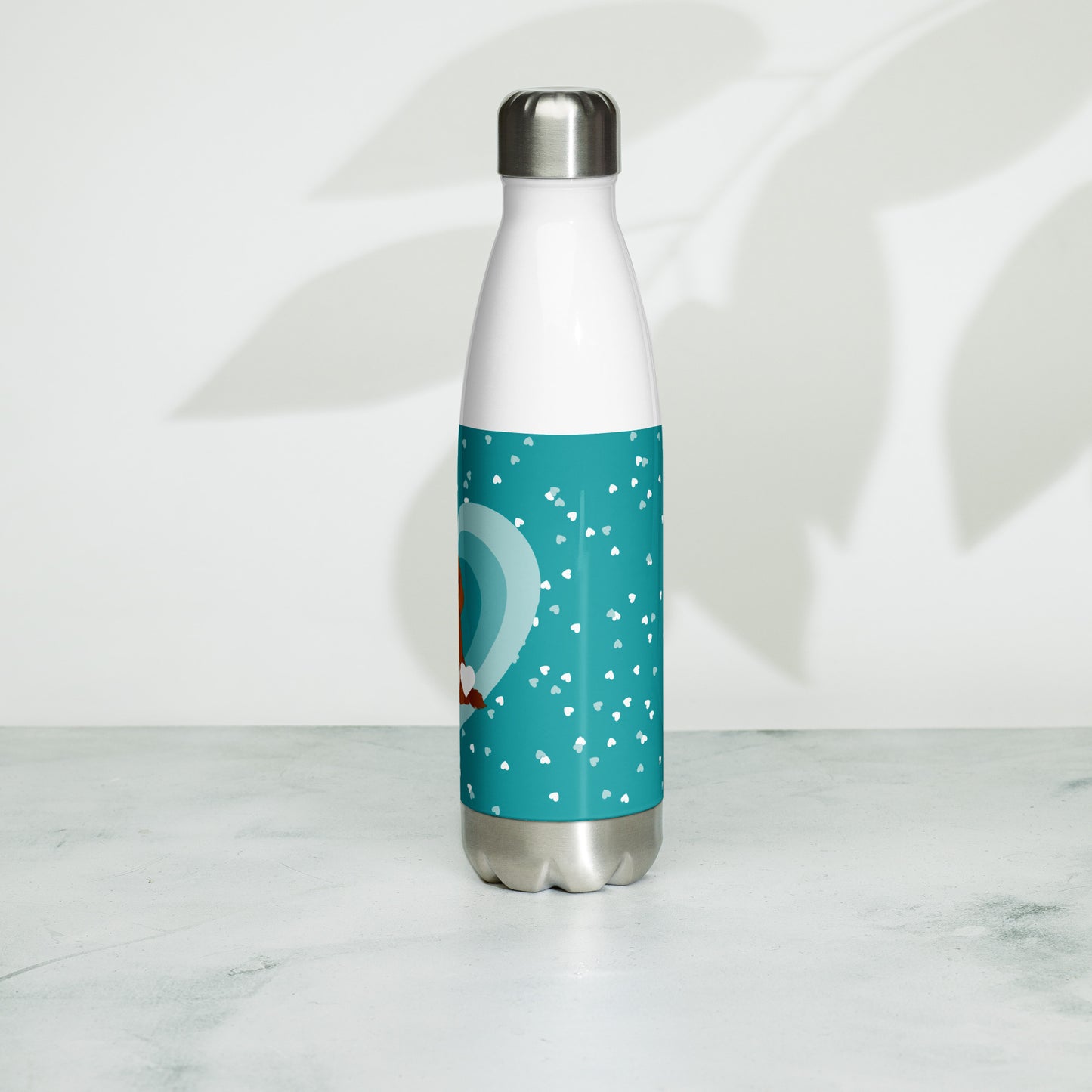 "Love" Stainless steel water bottle in teal - red Cockapoo