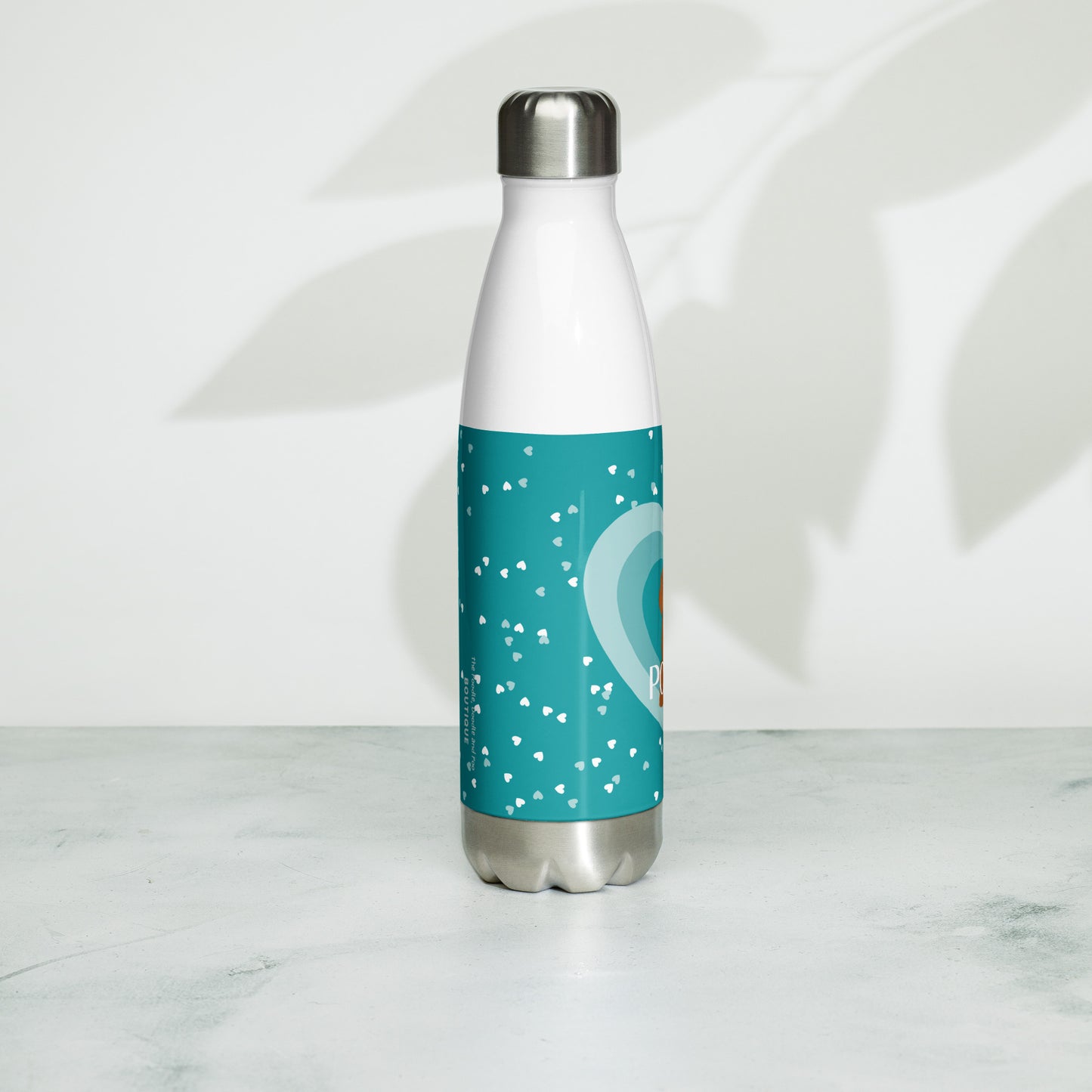 "Love" Stainless steel water bottle in teal - red Cockapoo