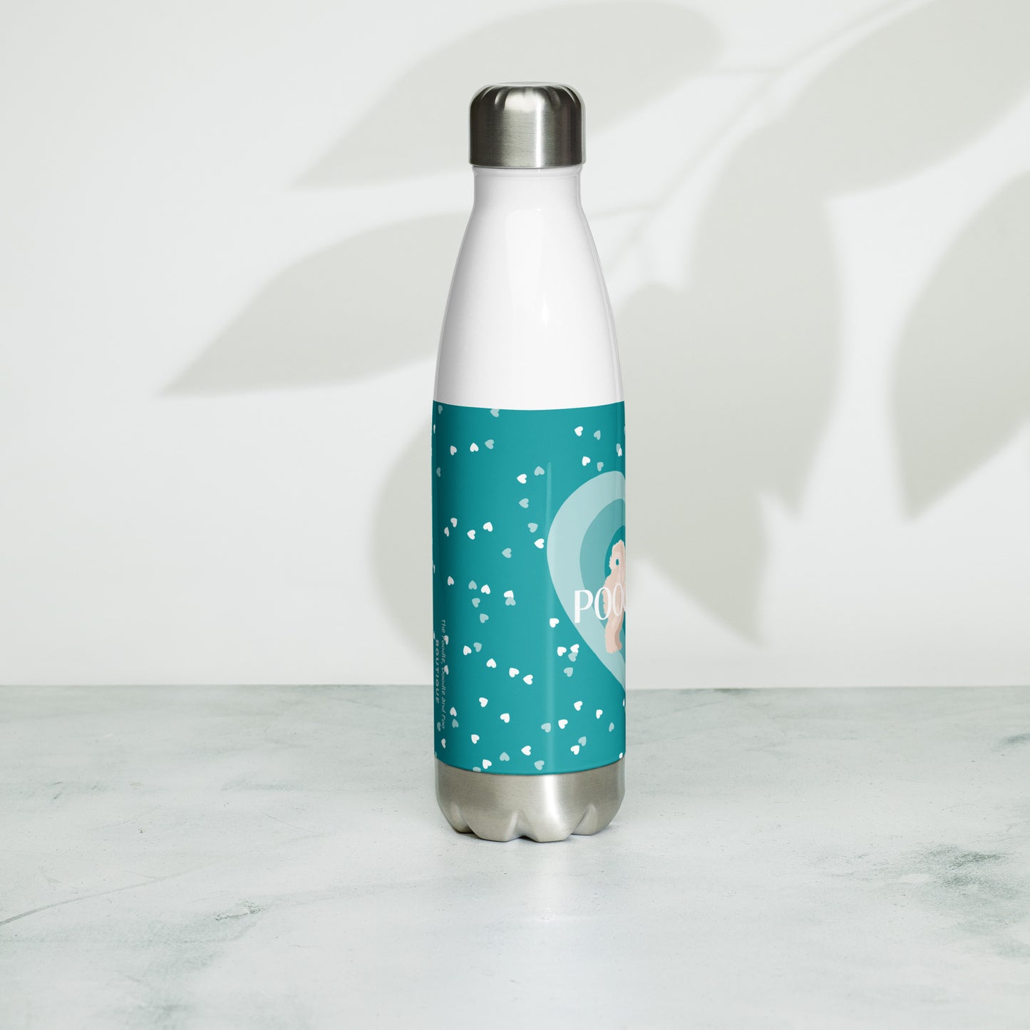 "Love" Stainless steel water bottle in teal - light / white Poochon