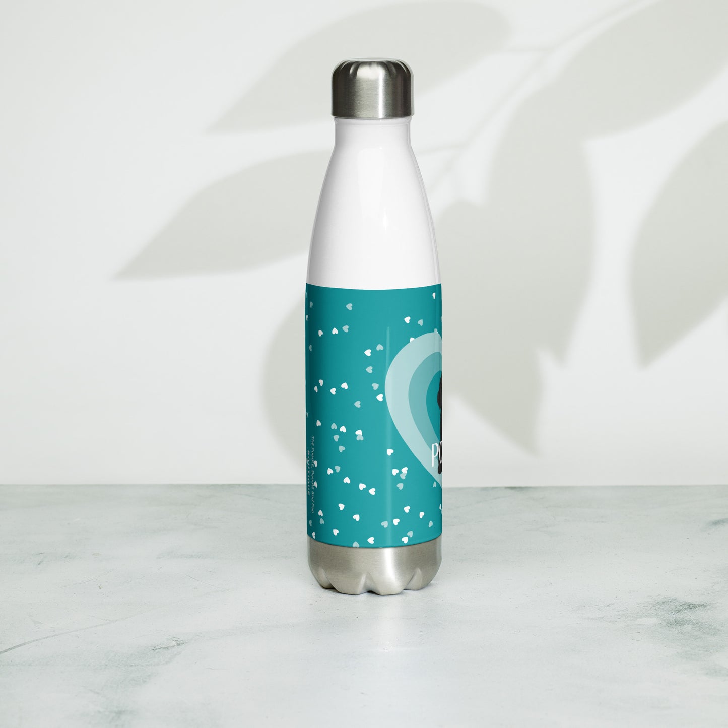 "Love" Stainless steel water bottle in teal - black Cockapoo