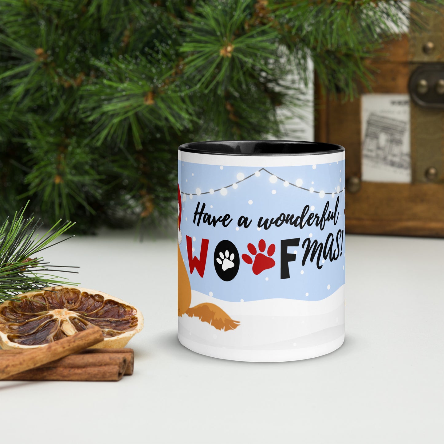 "Wonderful Woofmas" mug - dark golden Doodle