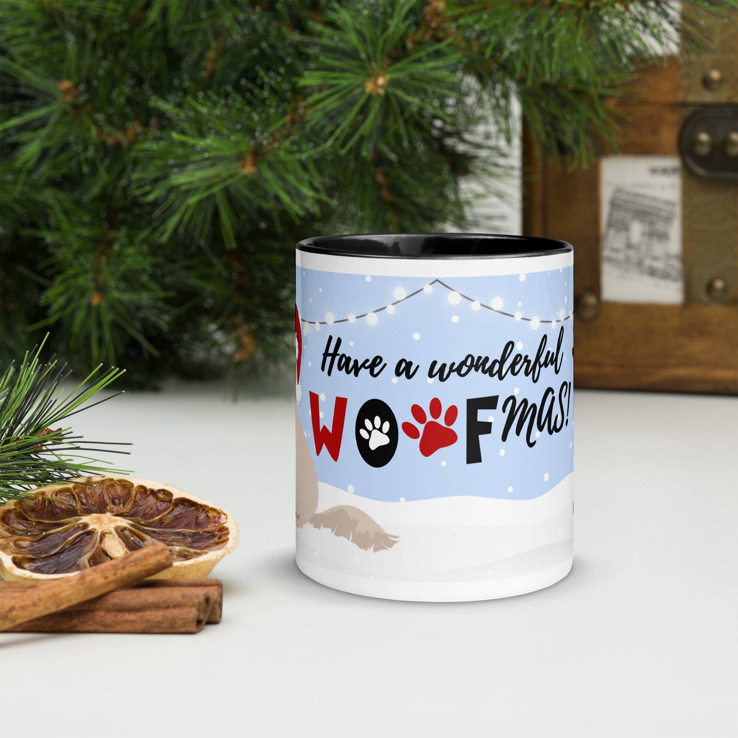 "Wonderful Woofmas" mug - light / golden Doodle