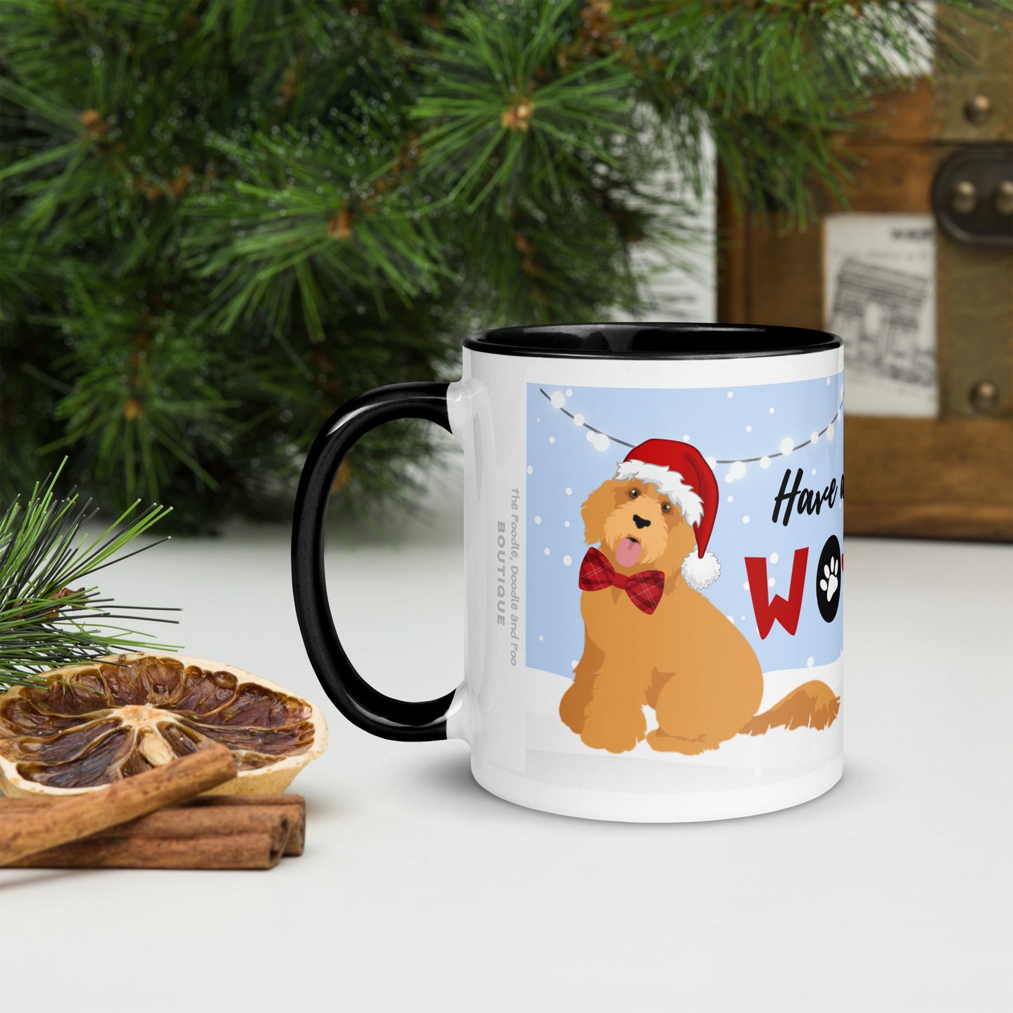 "Wonderful Woofmas" mug - dark golden Doodle