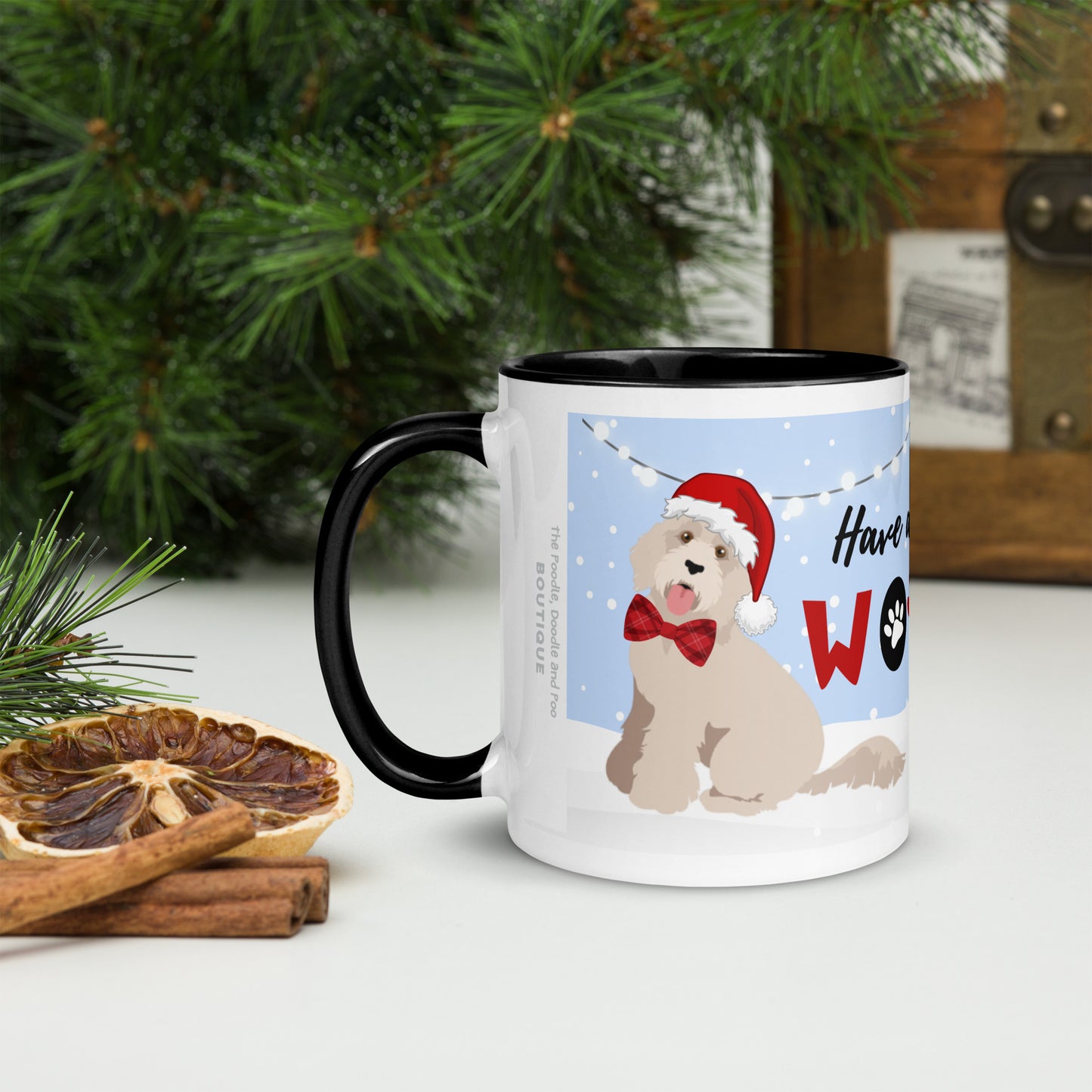 "Wonderful Woofmas" mug - light / golden Doodle