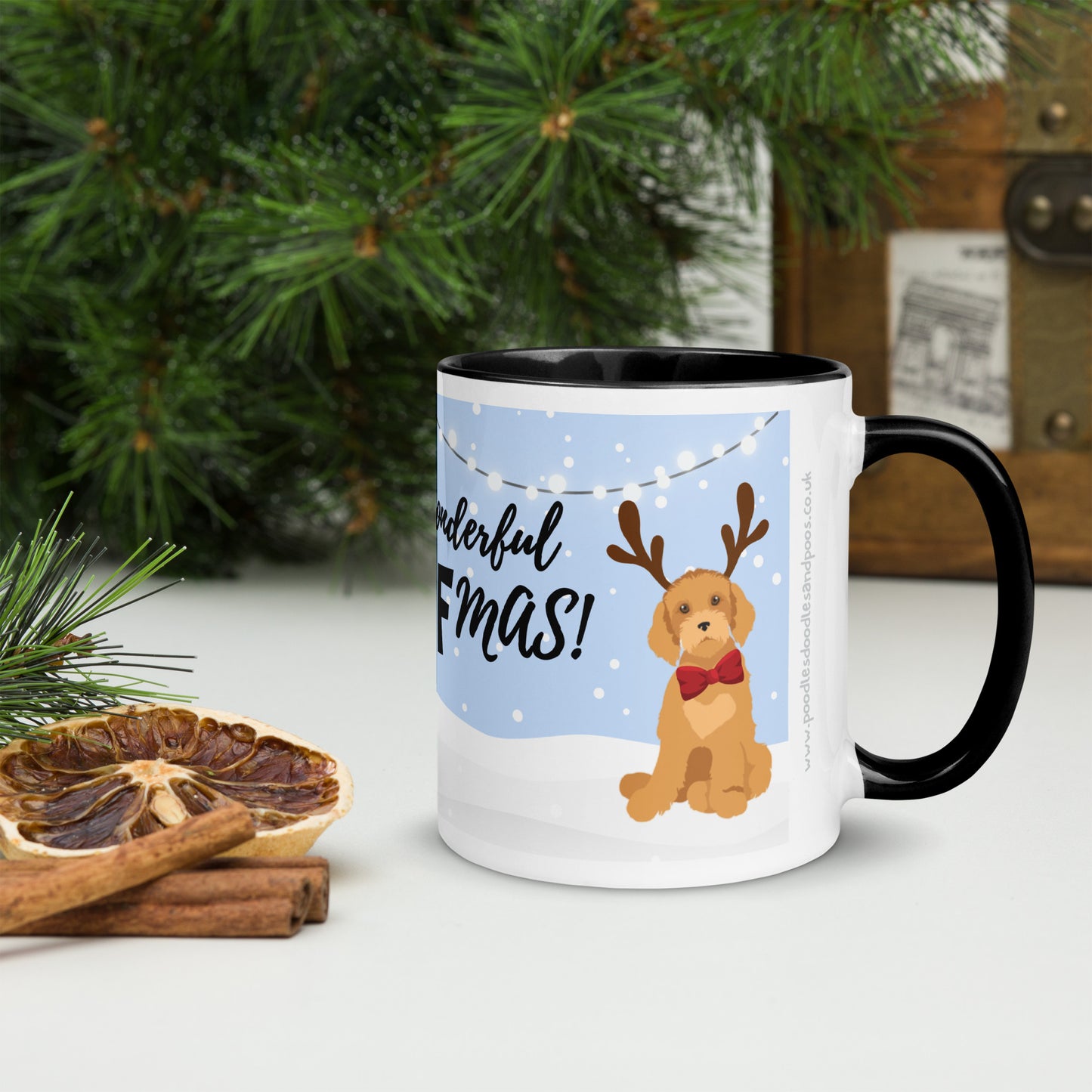 "Wonderful Woofmas" mug - dark golden Doodle