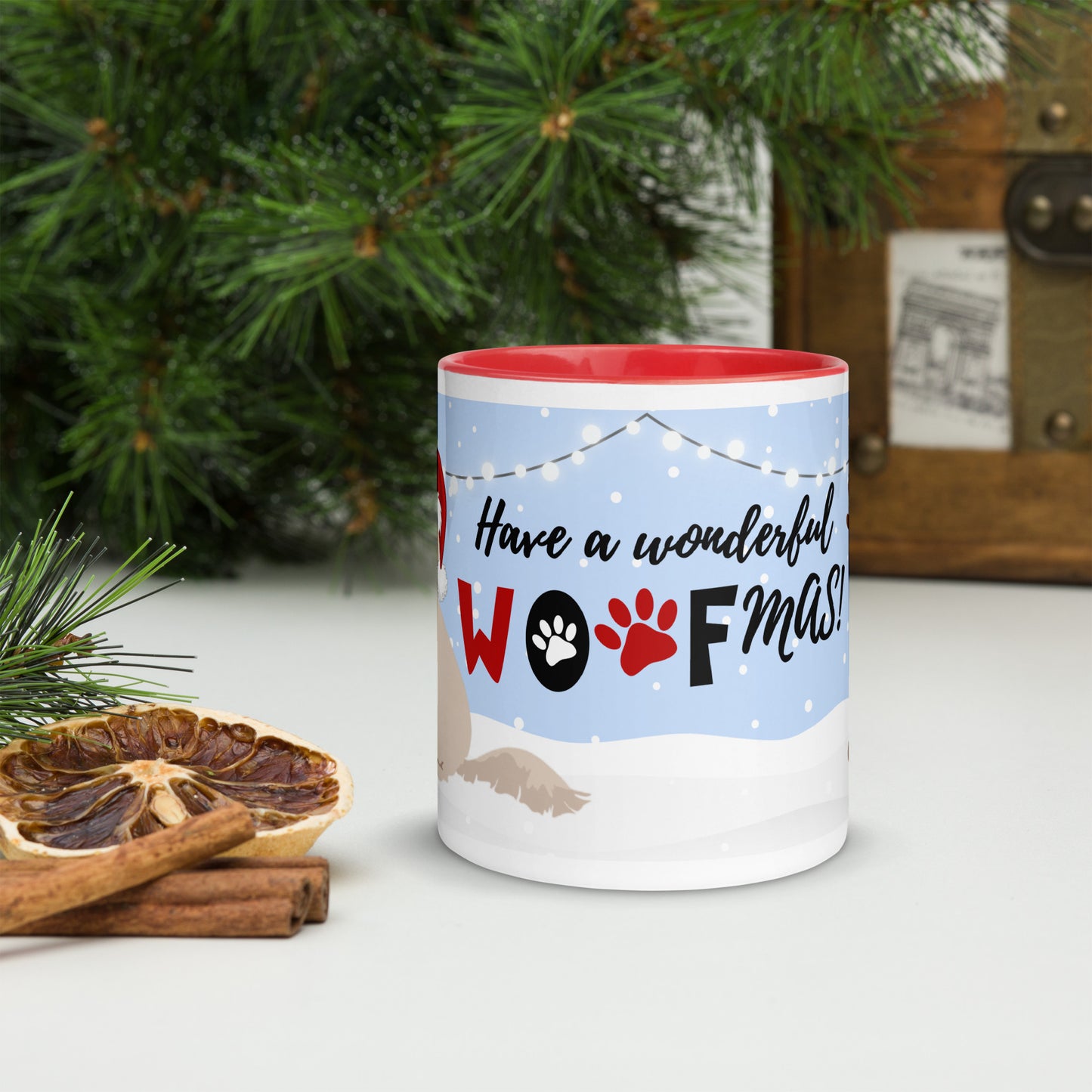 "Wonderful Woofmas" mug - light / golden Doodle