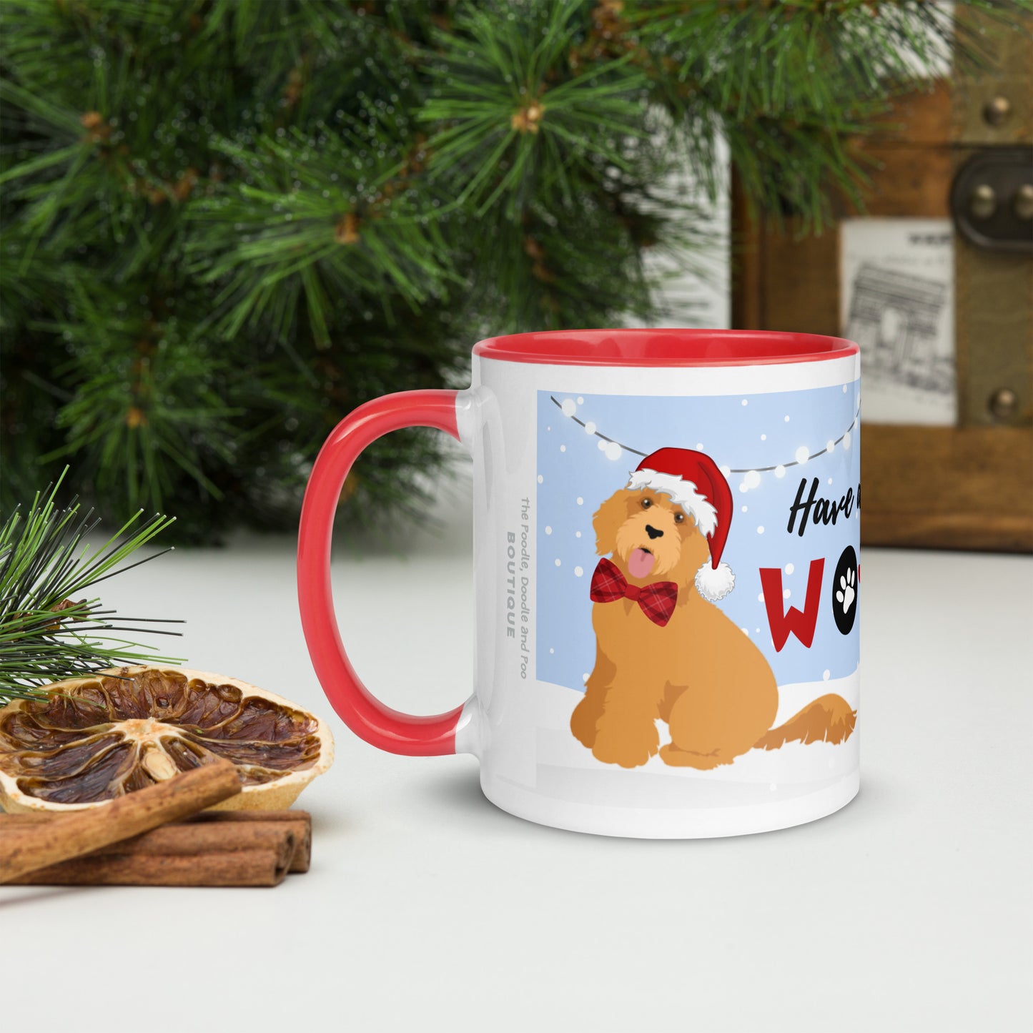 "Wonderful Woofmas" mug - dark golden Doodle