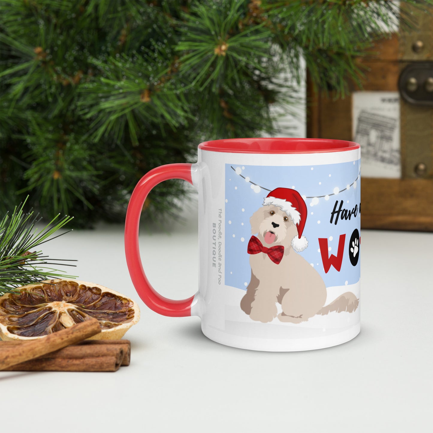 "Wonderful Woofmas" mug - light / golden Doodle