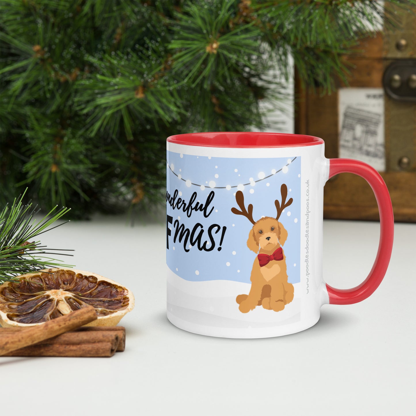 "Wonderful Woofmas" mug - dark golden Doodle