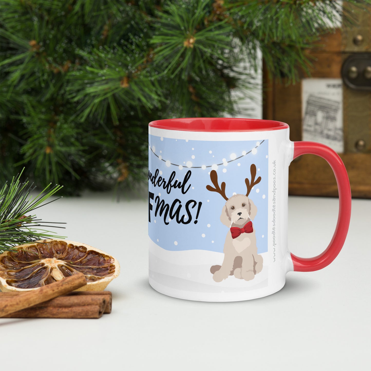 "Wonderful Woofmas" mug - light / golden Doodle