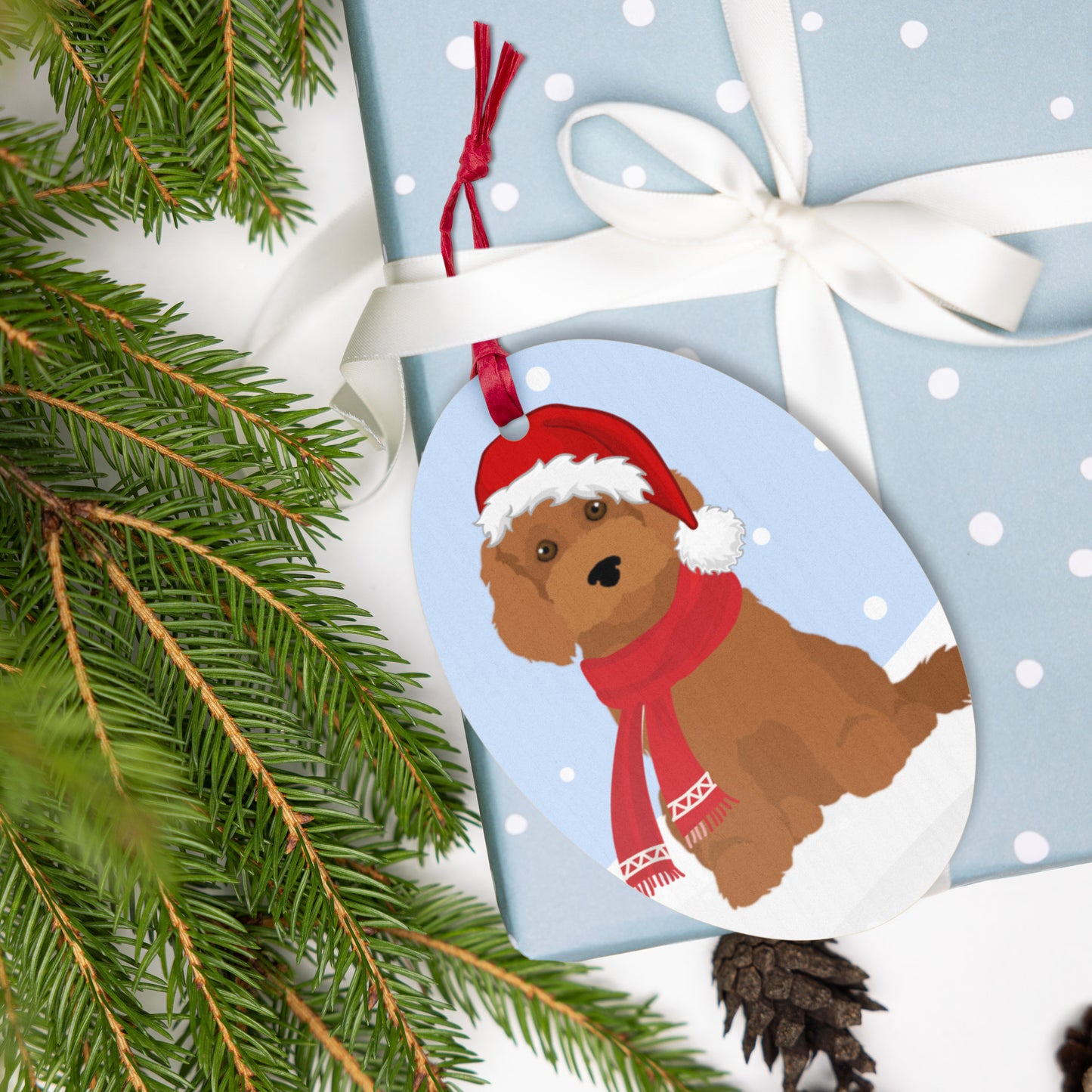 "Wonderful Woofmas" Wooden Christmas ornament - red Cockapoo