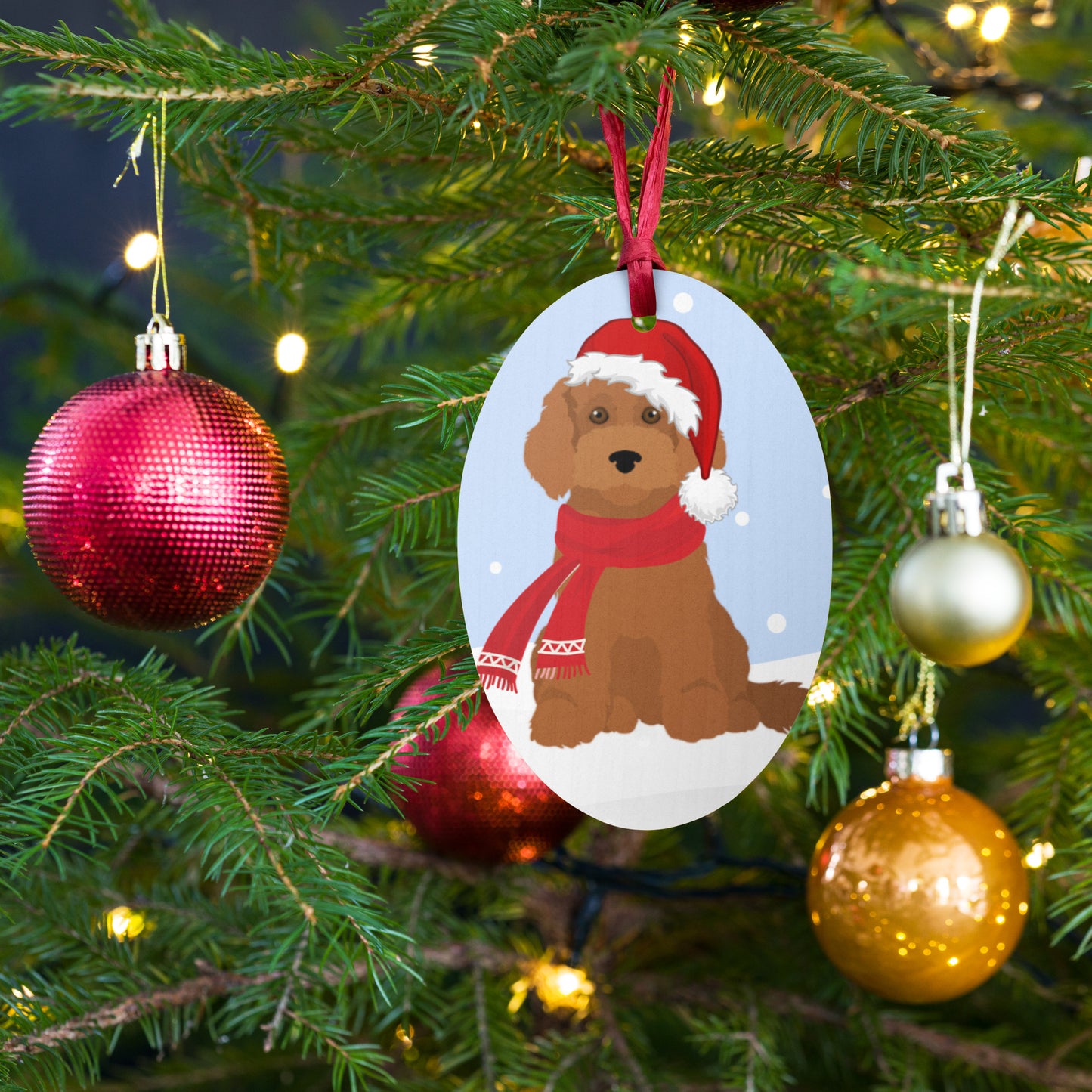 "Wonderful Woofmas" Wooden Christmas ornament - red Cockapoo